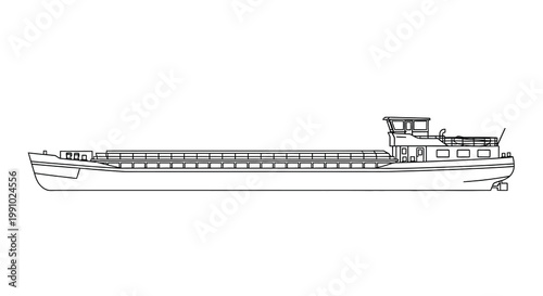 Detailed line drawing of a long flat bottomed inland cargo barge