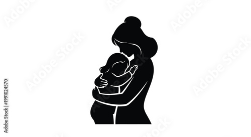 A silhouette of a mother lovingly embracing her young child