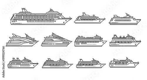 Line art illustration of various cruise ships and passenger liners