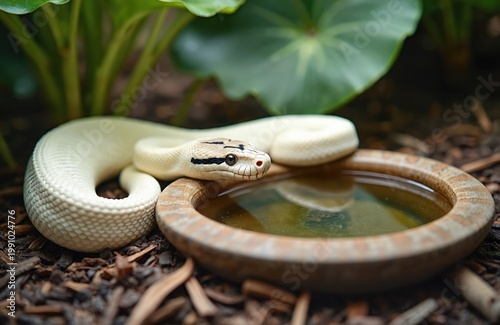 White royal python snake rests near wooden water dish among green plants. Reptile has light beige scales and dark markings on head. Nonvenomous python drinking water in terrarium.