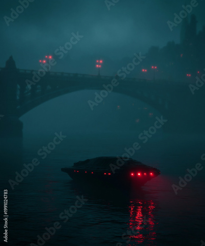 Futuristic vehicle floating on water in foggy city