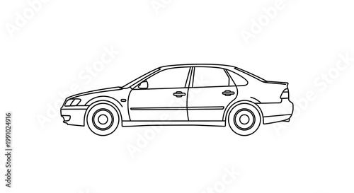 Simple black and white line drawing of a modern sedan automobile