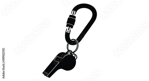 A black and white illustration of a carabiner with a whistle attached