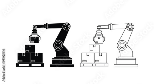 Robotic arms stacking boxes in a monochrome industrial illustration