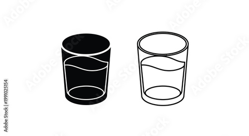 Two glasses one full and one partially full depicted in black and white