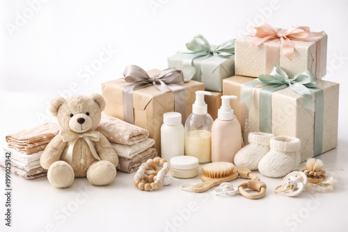 Collection of infant products and wrapped gift boxes on white surface with copy space