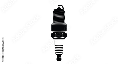 A black and white silhouette of a car spark plug on white background