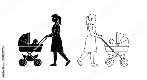 Woman pushing a baby stroller in a simple black and white illustration