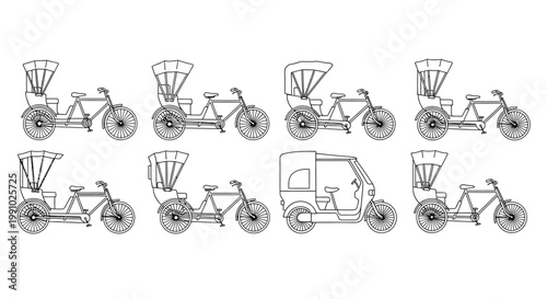 Line drawing of various cycle rickshaws and a three wheeled vehicle