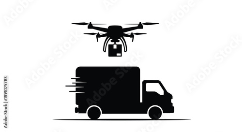 Drone delivering a package to a delivery van stylized icon
