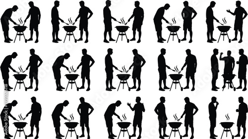 Barbecue grill silhouette icon set featuring men cooking outdoor BBQ party social gathering summer activity vector illustration collection isolated on white background