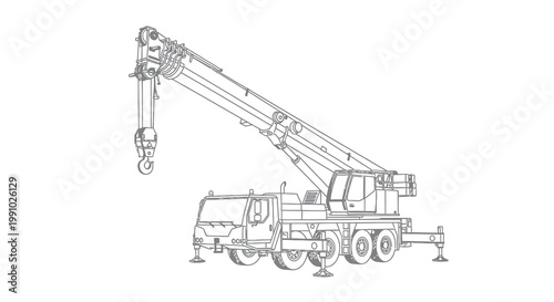 Line drawing of a mobile crane with extended boom and hook
