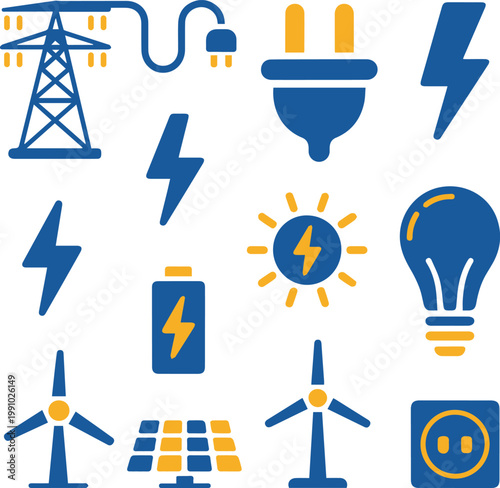 Energy and Electricity Icons Set: Renewable Solar and Wind Power, Battery Storage, and Electric Infrastructure Vector Illustrations