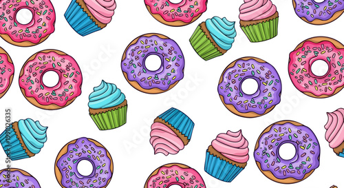 Colorful donut and cupcake seamless pattern vector, sweet dessert background with pink and purple glazed donuts, hand drawn bakery pastry wallpaper