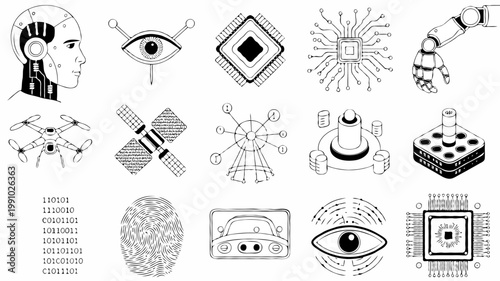 16 Detailed Black Line Artificial Intelligence & Technology Vector Icons Set, Hand-Drawn Monochrome Cyber Robotics Innovation Illustration Collection