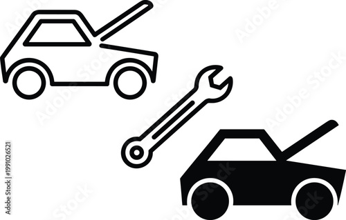 Bild auf Leinwand Car repair icon set with open hood vehicle and wrench symbol, automotive mainten