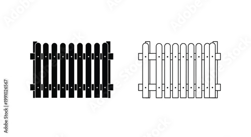 Black and white illustration of two wooden picket fences