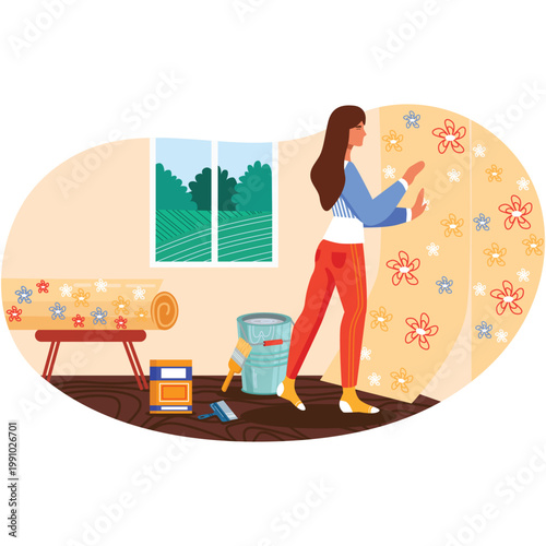 Woman glue wallpaper roll at home vector cartoon