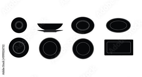 Black and white illustration of various plate and dish shapes