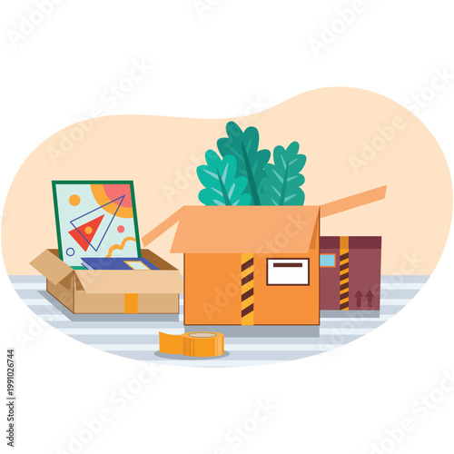Home move box with belongings vector illustration