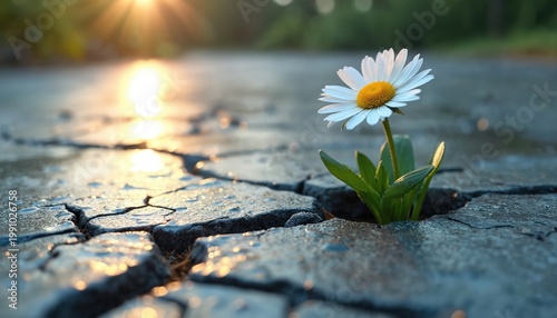 Single daisy flower grows through cracked concrete pavement. Sun shines brightly in background. Symbolizes hope, strength, and nature perseverance over hard surfaces.
