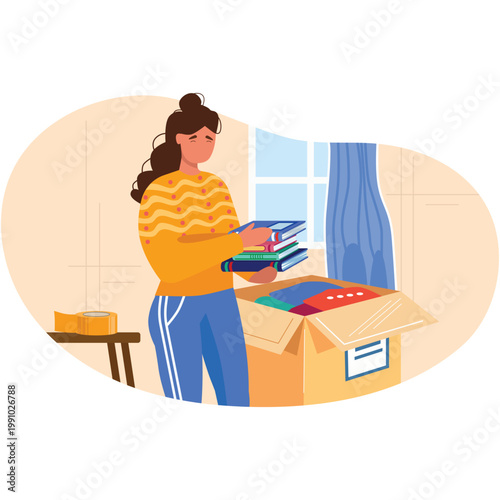 Woman packing books in box vector cartoon