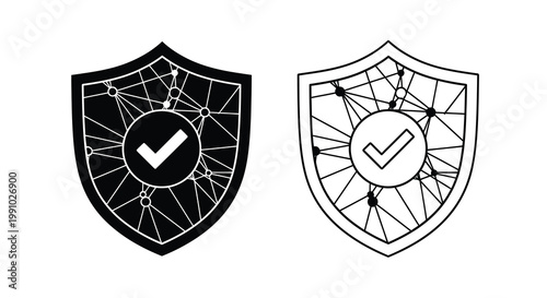 Two black and white shield icons with checkmarks and connected nodes