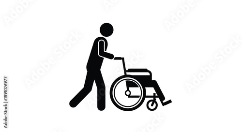 Simple black silhouette of a person pushing a wheelchair