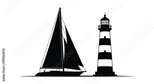 Silhouette of a sailboat and lighthouse against a white background
