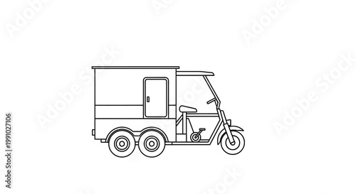 Line drawing depicts a three wheeled vehicle resembling a food truck