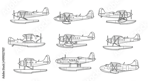 Collection of vintage seaplanes and floatplanes in linear illustration