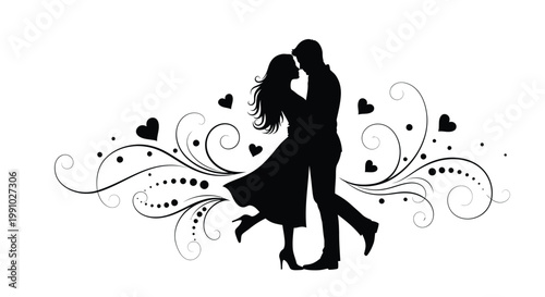 Silhouette of a romantic couple kissing surrounded by hearts and floral designs on a white background