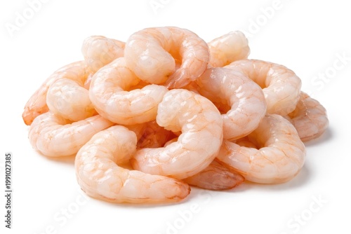 Close up of expertly peeled prawns against a pristine white background with clipping path for packaging use