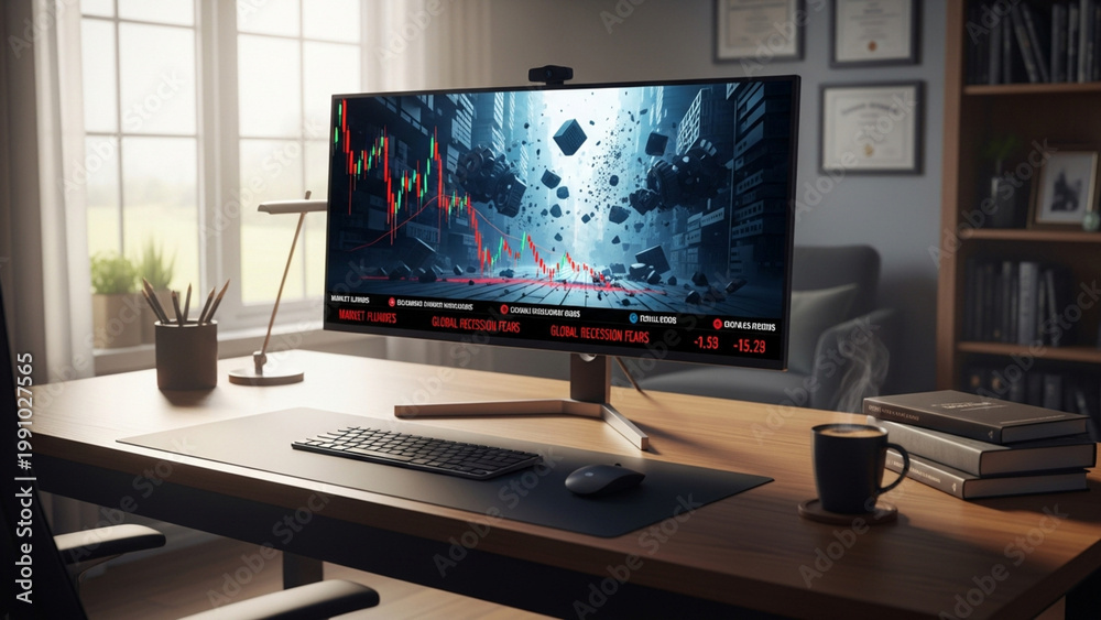 Fototapeta premium Financial stock market crash and recession data on wide monitor in home office
