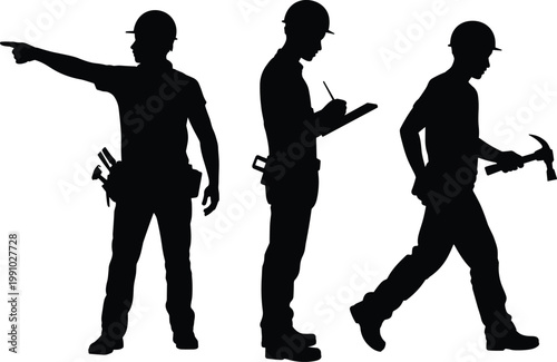 Construction worker silhouettes set with hammer, clipboard and pointing gesture, professional builders vector illustration isolated on white background for industry and labor concept