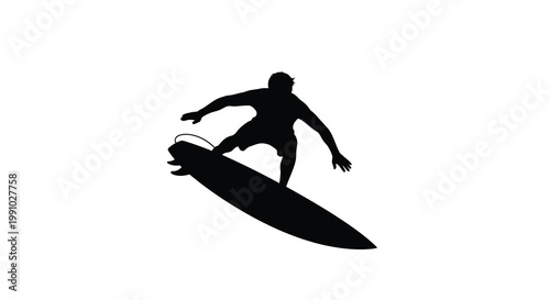 Silhouette of a surfer riding a wave black against white