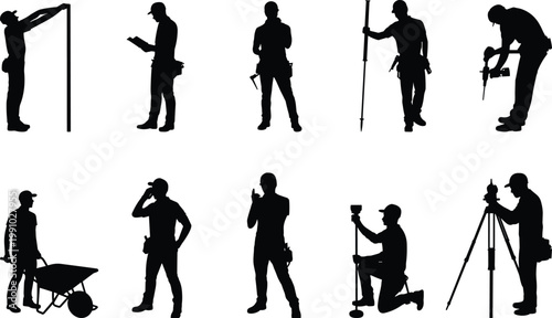 Construction worker silhouettes set with tools surveying drilling measuring wheelbarrow engineering labor activities industrial workforce vector illustration isolated on white background