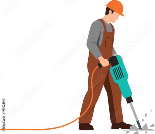 Construction worker using jackhammer breaking concrete wearing safety helmet and overalls heavy equipment demolition industrial work vector illustration concept