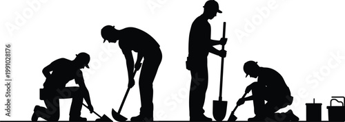 Construction workers silhouettes digging and shoveling ground with tools, labor team vector illustration isolated on white background for building, excavation and industry concept