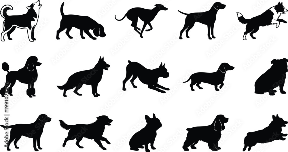 Fototapeta premium Dog silhouette icon set featuring different breeds poses running sitting standing playful canine pets vector illustration collection isolated on white background