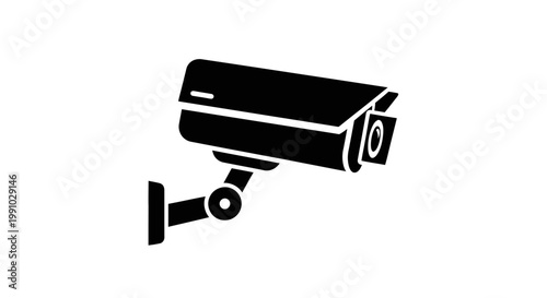A black and white illustration of a security camera mounted on a wall outdoors.