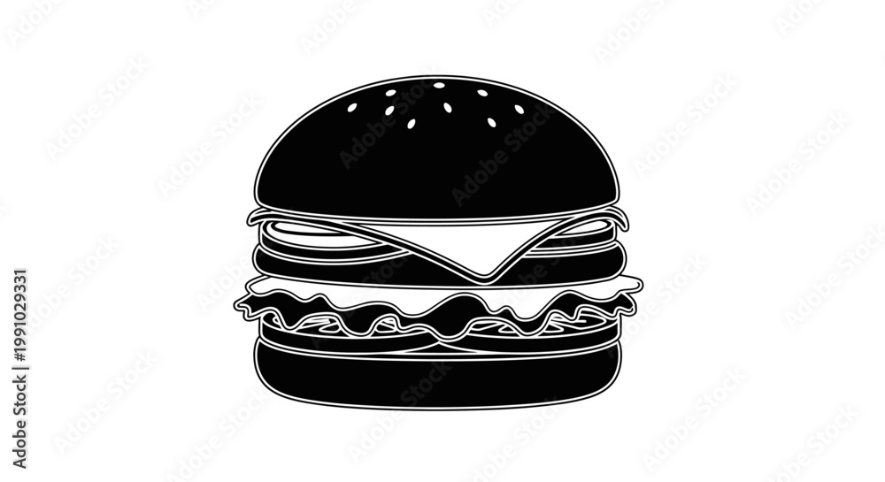 Fototapeta premium A detailed illustration of a hamburger with sesame seed bun and lettuce.