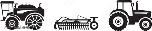 Set of agricultural machinery. combine harvester, cultivator, and tractor, vector illustration.