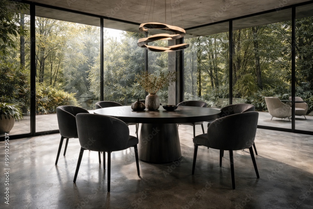 Fototapeta premium Contemporary dining space with round table and dark seating on concrete floor under large panoramic glass