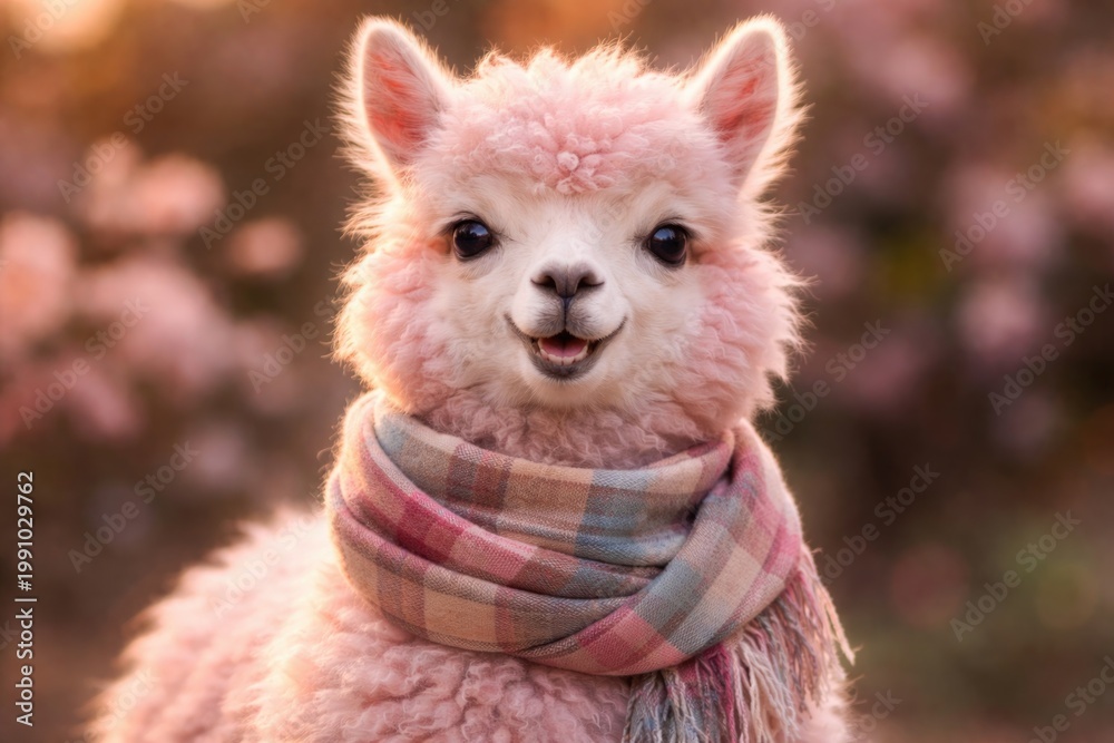 Fototapeta premium Cute pink llama with a fashionable scarf having a happy demeanor