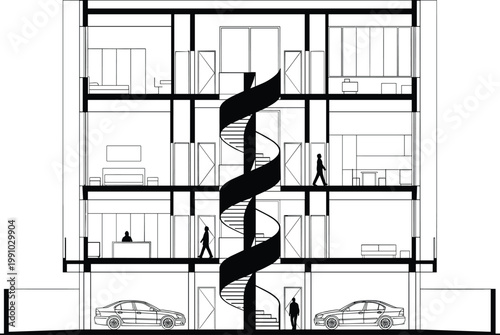 Modern multi level house cross section with spiral staircase architectural drawing interior layout rooms garage furniture silhouettes residential building vector illustration