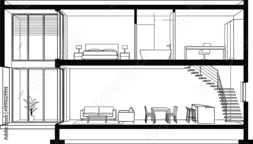 Modern house cross section interior architectural drawing with living room kitchen bedroom staircase minimal line art residential building vector illustration layout design