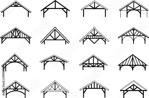 Roof truss icon set architectural timber frame structures collection construction design elements house roofing engineering vector illustration isolated on white background