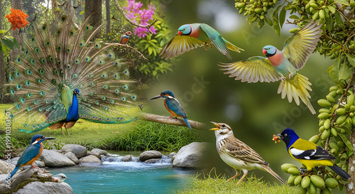 A group of birds are standing on the rocks by the water isolated on transparent background