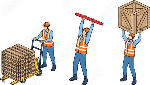 Warehouse workers handling cargo with pallet jack lifting crate and pipe material manual labor logistics and material handling vector illustration set
